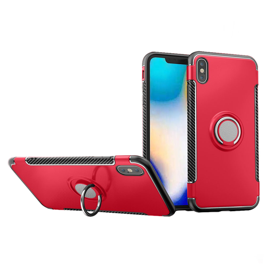 iPhone Xs Max hiilikuitu harjattu iskukestävä hybriidi muovinen takasuoja kuori - Punainen