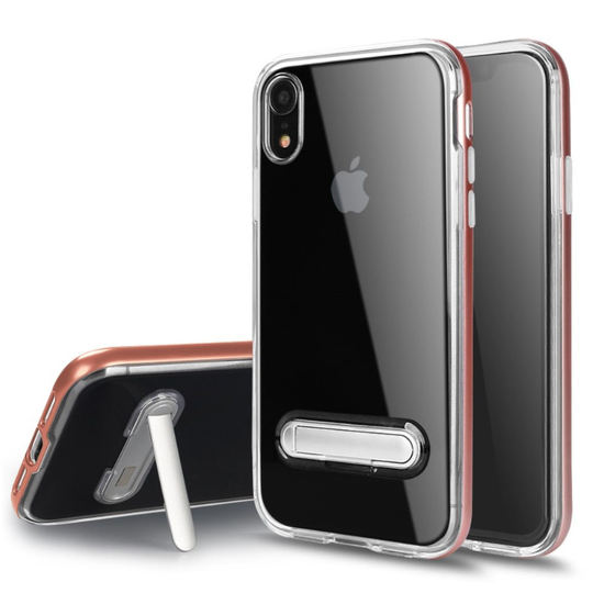 iPhone Xr läpinäkyvä hybriidi muovinen takasuoja kuori jalkatuella - Ruusu Kulta