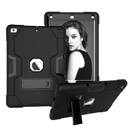iPad (2018) Hybriidi Muovinen Tabletti Takasuoja Kuori Jalkatuella - Musta