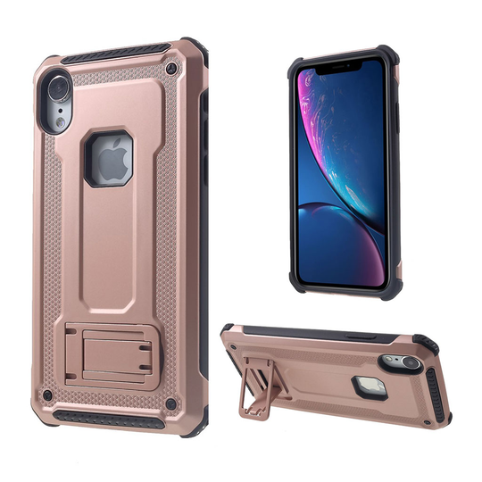 iPhone Xr hybriidi muovinen takasuoja kuori sisäänrakennetulla jalkatuella - Ruusu Kulta