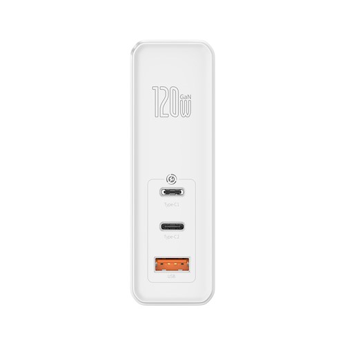 Baseus GaN2 Mini PD 120W seinälaturi - 2 x USB-C 1 x USB-A + USB-C-USB-C kaapeli - Valkoinen