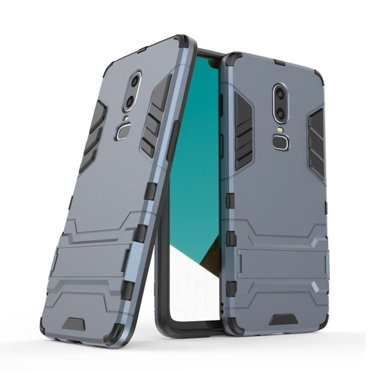 OnePlus 6 Cool Guard PC ja TPU Hybriidi Takasuoja Kuori Jalkatuella - Tumman Sininen