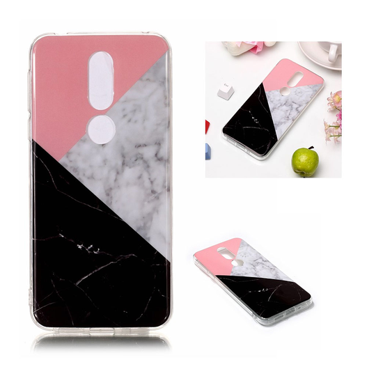 Nokia 7.1 Joustava marmori kuviollinen silikooni muovinen pehmeä takasuoja kuori - Pinkki/ Harmaa/ Musta
