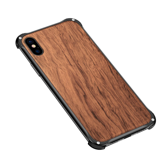 iPhone X puun rakenne pintainen kova takasuoja kuori alumiini kehyksellä - Musta/ Ruusupuu