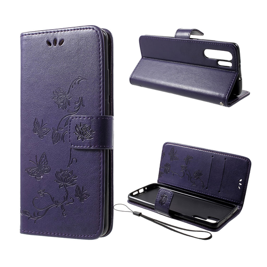 Huawei P30 Pro painettu Perhonen Kukka nahkainen flip suojakotelo - Tummanvioletti
