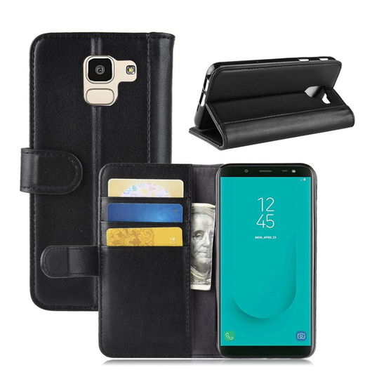 Samsung Galaxy J6 (2018) Aito Nahkainen Seisova Lompakko Suoja Kotelo - Musta