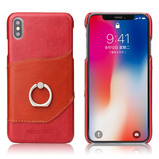 iPhone Xs Max FIERRE SHANN lehmän nahkainen kova muovinen suojakuori sormirenkaalla ja kortti paikalla - Punainen
