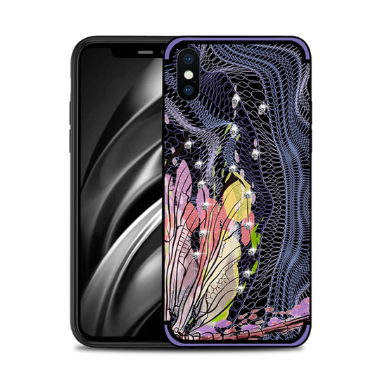 iPhone Xs Max NXE sudenkorento kuviollinen silikooni muovinen takasuoja kuori missä tekojalokivet - Violetti