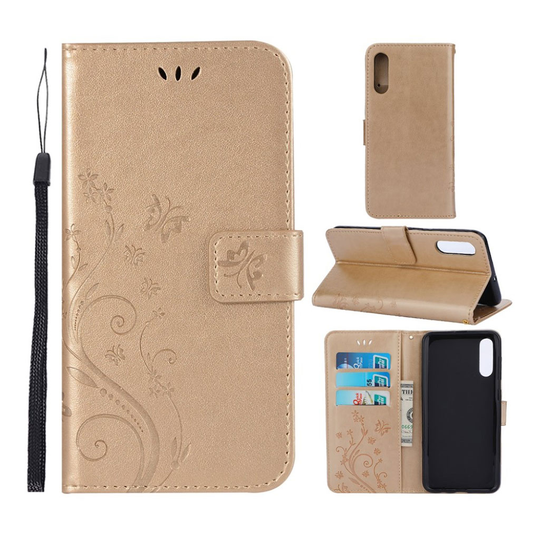 Samsung Galaxy A50 imprint butterfly flower leather case - Gold