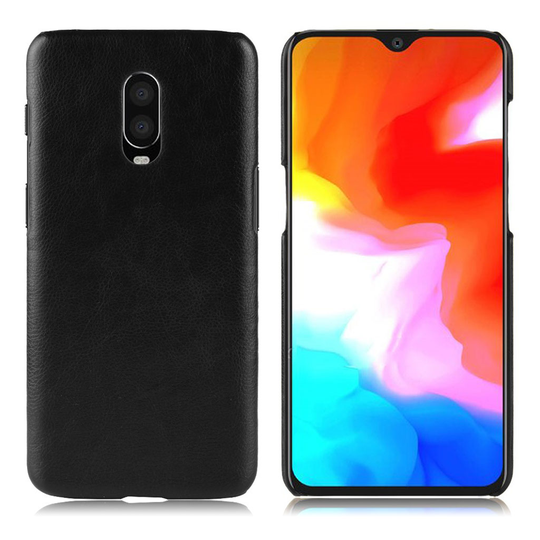 OnePlus 6T liitsihedelmä jyvä rakenteinen synteetti nahka pinnoitettu kova muovinen takasuoja kuori - Musta