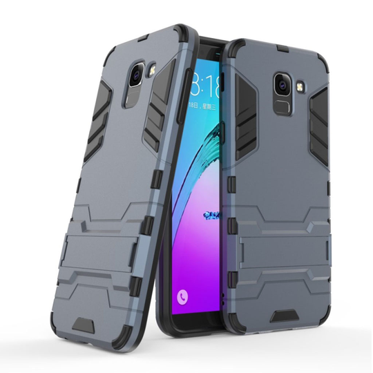 Samsung Galaxy J6 (2018) Cool Guard Hybriidi Muovi Takasuoja Kuori Jalkatuella - Tumman Sininen