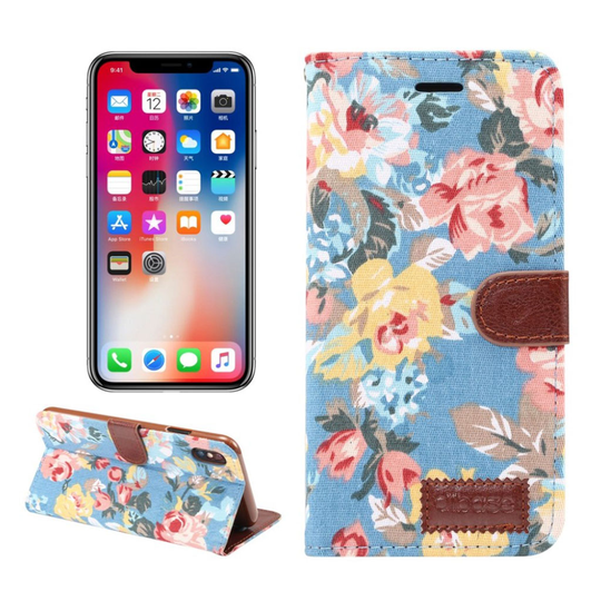 iPhone 9 Kukka Kuviollisella Kankaalla Pinnoitettu Synteetti Nahka Lompakko Kotelo - Sininen
