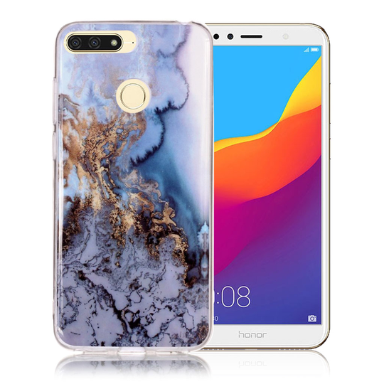 Huawei Honor 7A Marmori IMD Kuviollinen Pehmeä Muovinen Takasuoja Kuori - Kulta/ Sininen