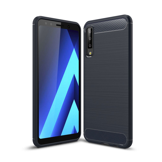 Samsung Galaxy A7 (2018) hiilikuitu harjattu pintainen silikooni muovinen joustava takasuoja kuori - Tumman Sininen