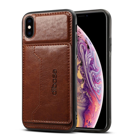 iPhone XS kova muovinen synteetti nahkainen takasuojakuori kortti paikalla - Kahvi