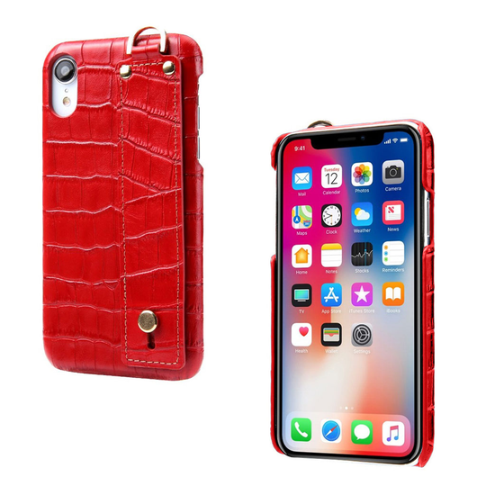 iPhone Xr kova muovinen takasuoja kuori krokotiili rakenne synteetti nahalla missä käsiremmi - Punainen