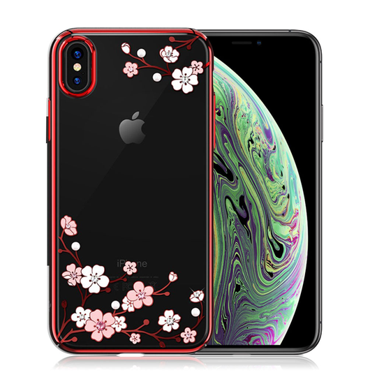 iPhone XS KINGXBAR kohokuviollinen läpinäkyvä kova muovinen suojakuori - Kirsikka Kukka/ Punainen