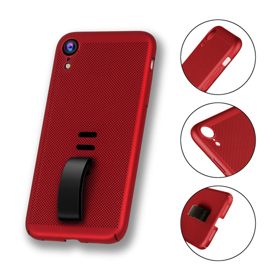 iPhone Xr verkko rakenne pintainen kova muovinen takasuoja kuori sormisilmukalla - Punainen