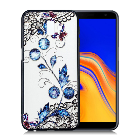 Samsung Galaxy J6 Plus (2018) kohokuviollinen hybriidi muovinen takasuoja kuori - Sininen Kukka Ja Perhoset
