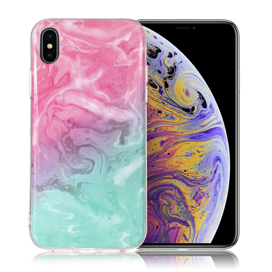 iPhone Xs Max IMD Marmori Kuviollinen Muovinen Takasuoja Kuori - Pinkki/ Cyaani