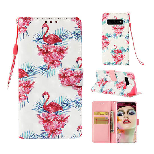 Samsung Galaxy S10 Plus vaalea piste koriste nahkainen flip Suojakotelo - Flamingo ja Kukka