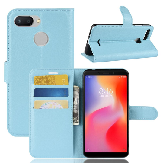 Xiaomi Redmi 6 liitsihedelmä jyvä pintainen synteetti nahkainen lompakko suojakotelo - Vaalean Sininen