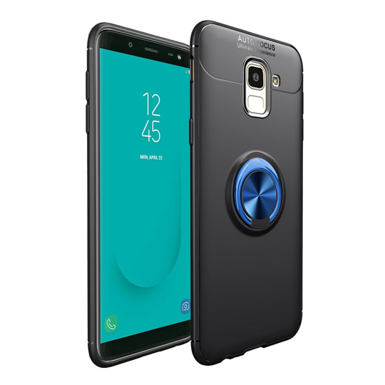 Samsung Galaxy J6 (2018) Mobiilirenkaalla Varustettu Muovi Takasuoja Kuori Magneetilla - Musta/ Sininen