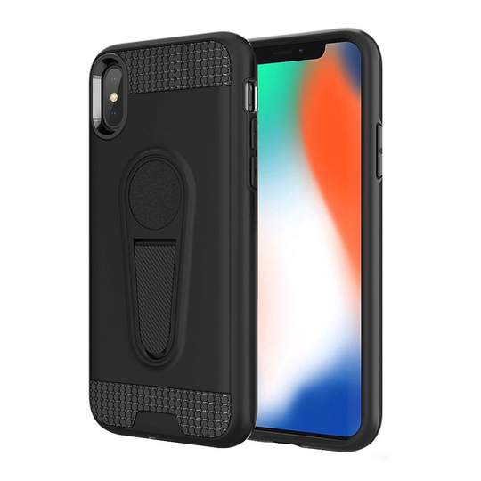 iPhone 9 Plus Hiilikuitu Harjattu Hybriidi Muovinen Takasuoja Kuori Jalkatuella - Musta