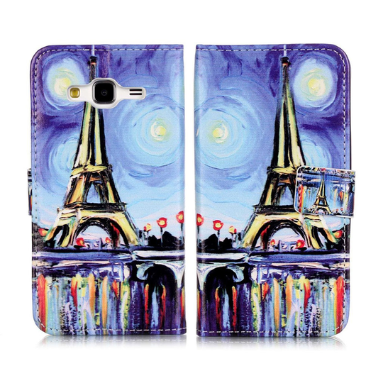 Samsung Galaxy J3 (2016) / J3 Kohokuvio Nahkakotelo - Yötaivas Ja Eiffel Torni