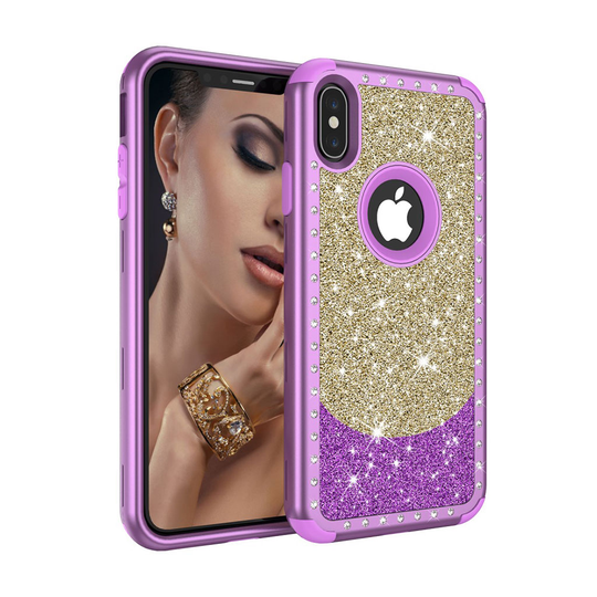iPhone Xs Max hybriidi muovinen takasuoja kuori kimallehiekka pinnalla - Kulta/ Violetti