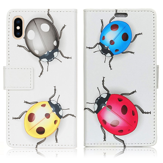 iPhone Xs Max Kuviollinen Synteetti Nahkainen Lompakko Kotelo Korttipaikoilla - Värikkäät Leppäkertut