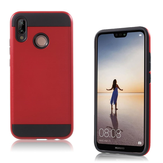 Huawei P20 Lite Hiilikuitu Harjattu Hybriidi PC Ja TPU Muovi Takasuoja Kuori - Punainen