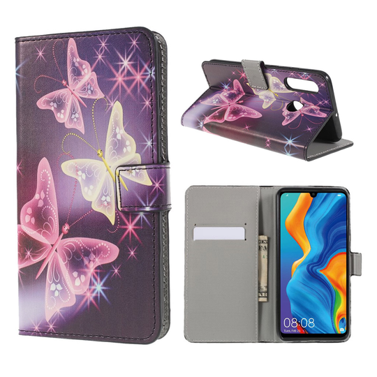Huawei P30 Lite kuvioitu nahkainen flip suojakotelo - Shiny Perhoset