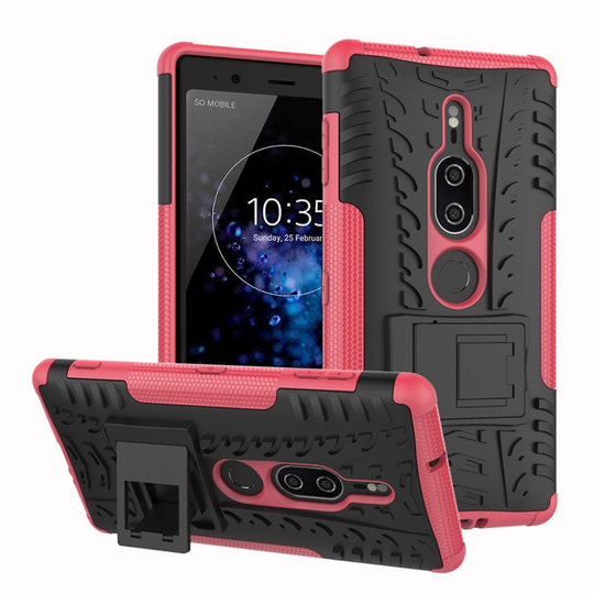 Sony Xperia XZ2 Premium 2 in 1 Hybrridi Rengas Muovinen Takasuoja Kuori Jalkatuella - Ruusu