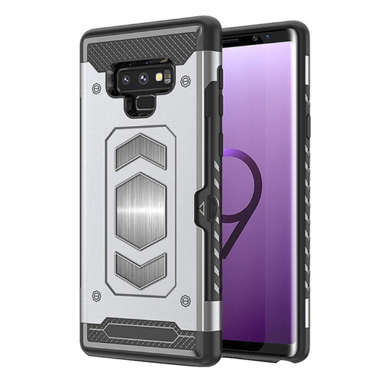 Samsung Galaxy Note9 Hybriidi Kova Sekä Pehmeä Muovinen Takasuoja Kuori Korttipaikalla ja Magneetilla - Hopea