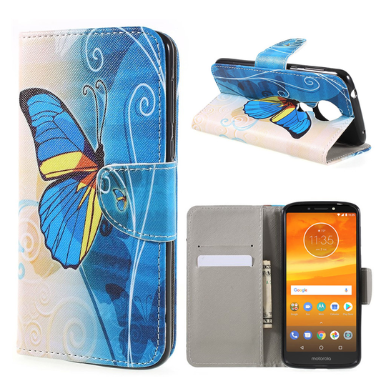 Motorola Moto E5 Plus Kuviollinen Seisova Nahka Lompakko Kuori - Sininen Perhonen