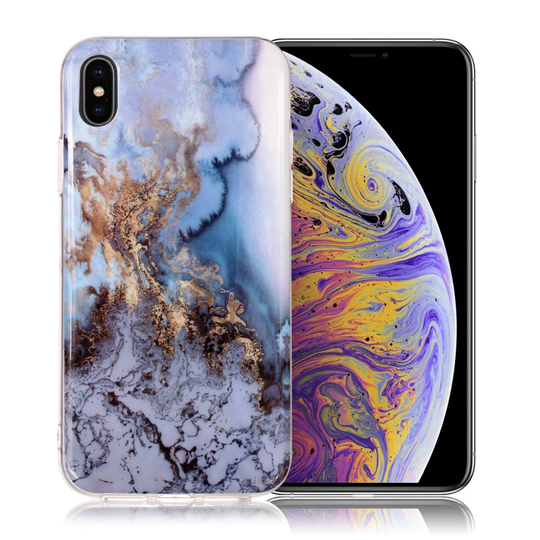 iPhone Xs Max IMD Marmori Kuviollinen Muovinen Takasuoja Kuori - Sininen/ Kulta