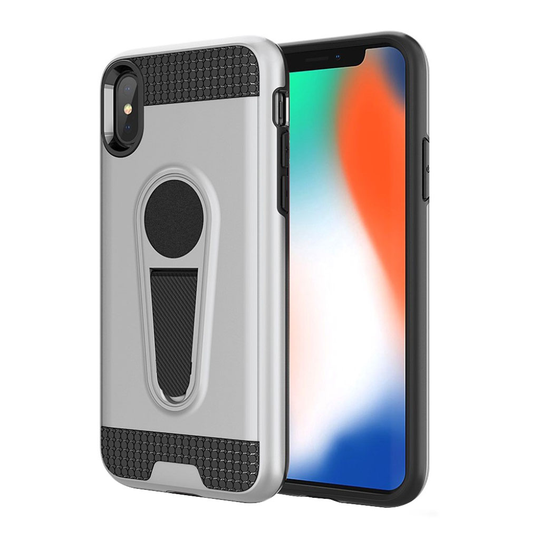 iPhone 9 Plus Hiilikuitu Harjattu Hybriidi Muovinen Takasuoja Kuori Jalkatuella - Hopea