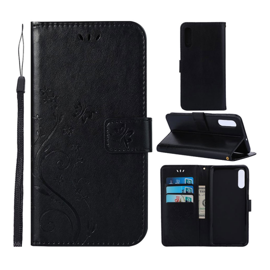 Samsung Galaxy A50 imprint butterfly flower leather case - Black