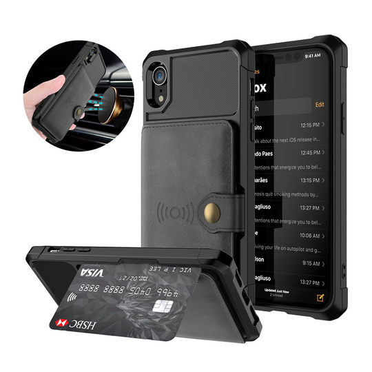 iPhone Xr silikoonimuovinen takasuoja kuori synteetti nahaka lompakolla missä magneetti - Musta