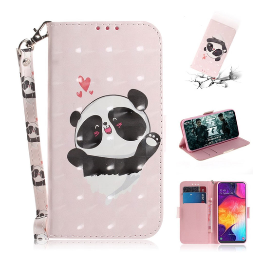 Samsung Galaxy A50 kuviollinen nahkainen suojakotelo - Panda ja Sydämet