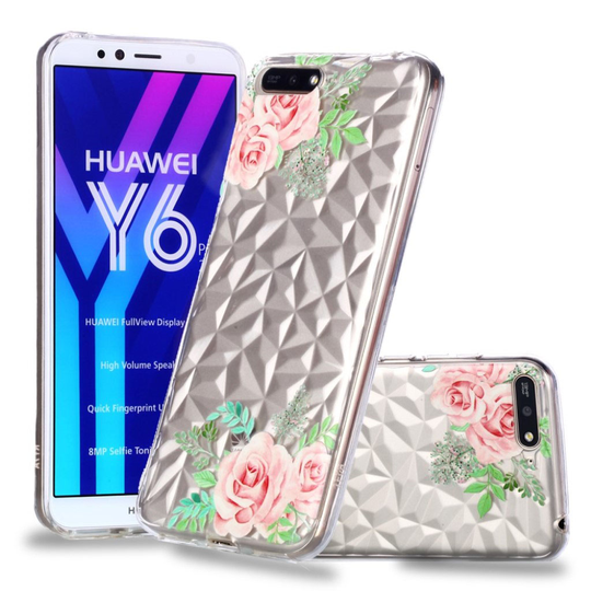 Huawei Honor 7A Kohokuvioitu 3D Timantti Rakenne Pinatinen Kova Muovinen Takasuoja Kuori - Pinkit Ruusut