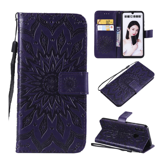 Huawei P Smart 2019 painettu auringonkukka nahkainen flip suojakotelo - Violetti