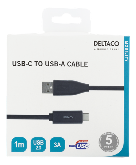 USB-C - USB-A-kaapeli, 1 M, 3 A, USB 2.0, Musta