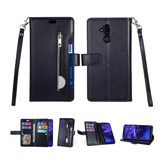 Huawei Mate 20 Lite vetoketjullinen synteetti nahka suojakotelo useilla kortti paikalla - Musta