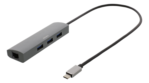 USB-C-hubi Ja Verkkosovitin, USB-C, RJ45, 3x USB-A 3.0, 0,4 M Kaapeli, Tähtiharmaa