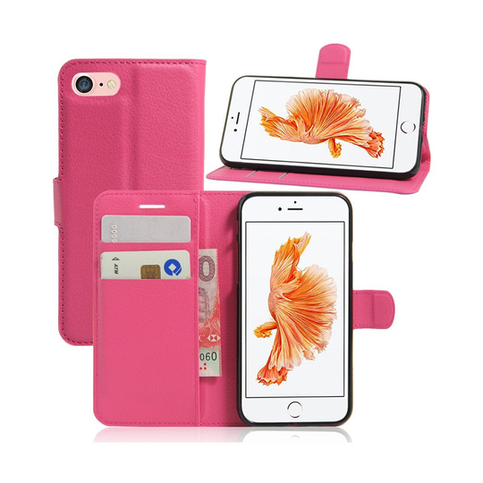 Laudrup iPhone 7 / 8 Litsi Pintainen Nahkakotelo Lompakko Standillä - Kuuma Pinkki