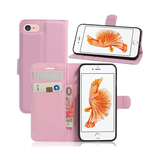 Laudrup iPhone 7 / 8 Litsi Pintainen Nahkakotelo Lompakko Standillä - Pinkki