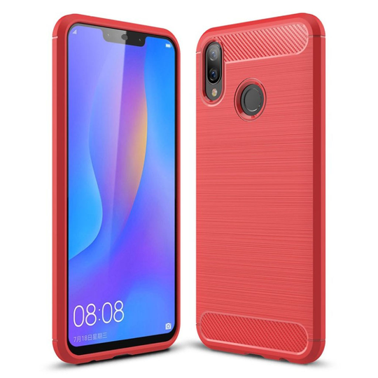 Huawei P Smart Plus hiilikuitu harjattu silikooni muovinen takasuoja kuori - Punainen