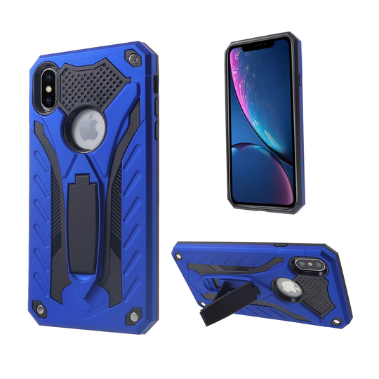iPhone Xs Max iskukestävä harjattu hybriidi muovinen takasuoja kuori jalkatuella - Sininen